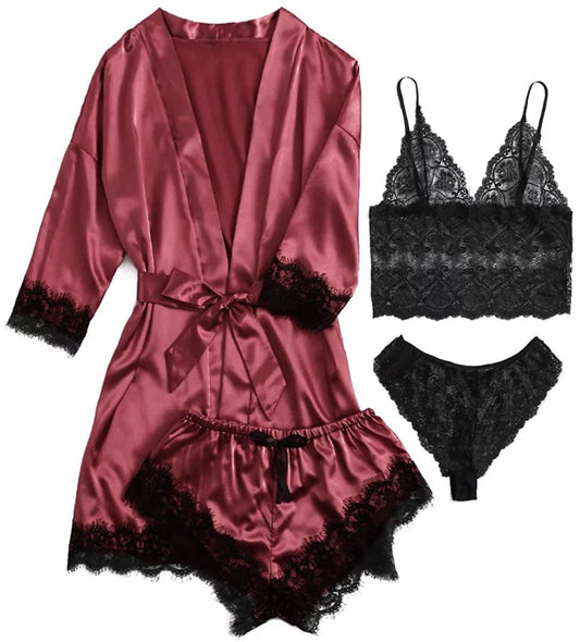 Sexy Lingerie,  Silk Satin Pajamas for Women, Womens Summer Pajamas Pjs Sets of 4 Pcs with Floral Lace Top Shorts and Robe, Gift for Women, Burgundy, XL