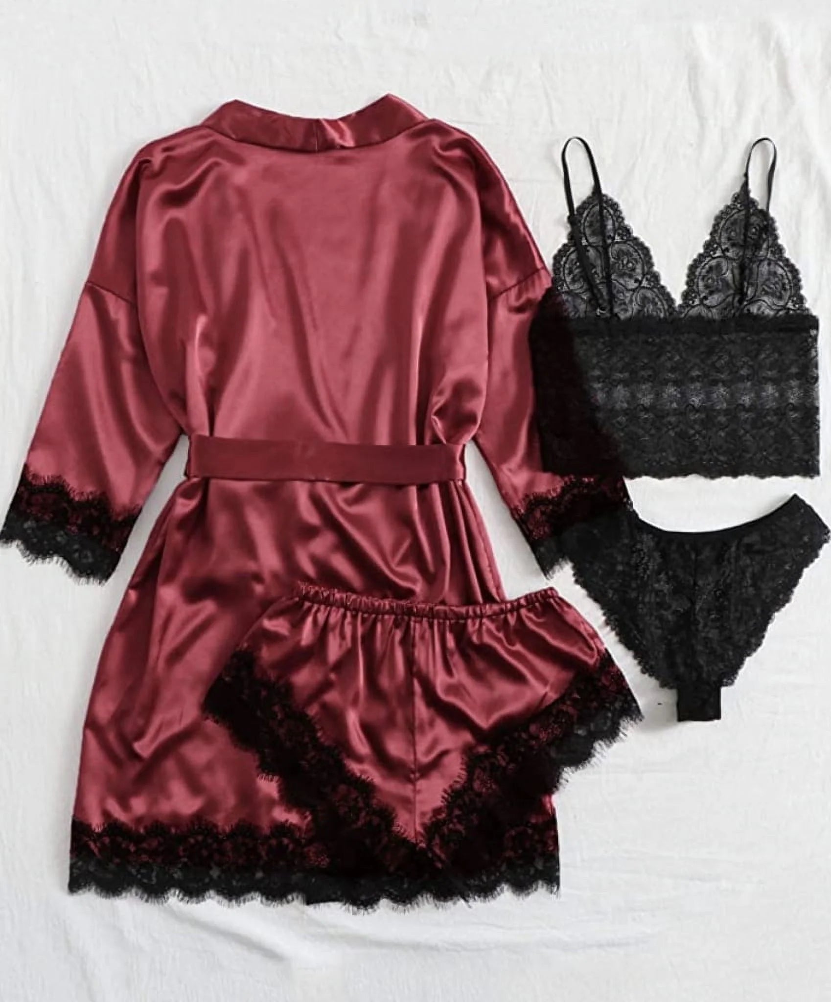 Sexy Lingerie,  Silk Satin Pajamas for Women, Womens Summer Pajamas Pjs Sets of 4 Pcs with Floral Lace Top Shorts and Robe, Gift for Women, Burgundy, XL