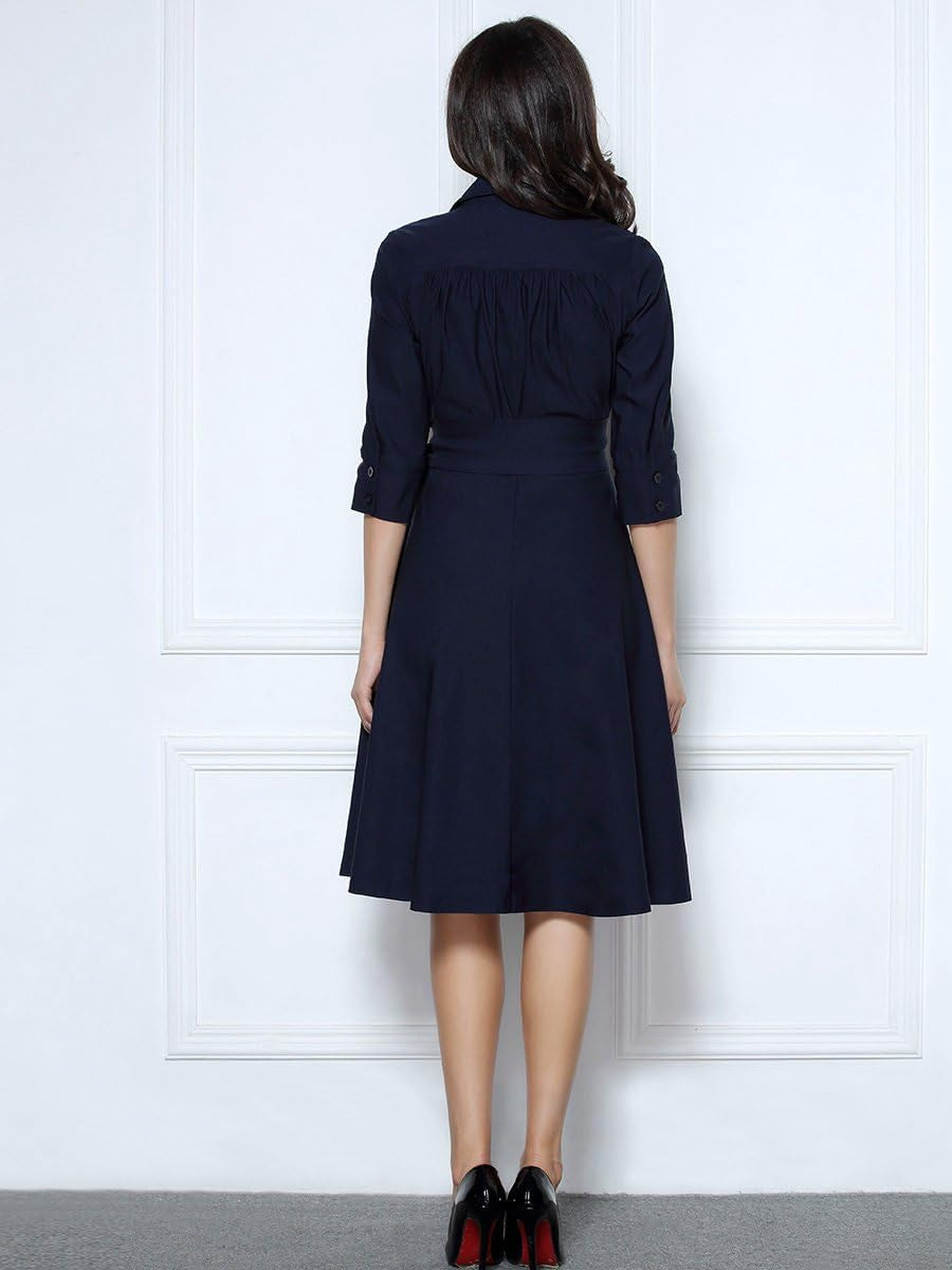 Women'S Deep-V Neck Classical Bow Belt Vintage Casual Swing Dress