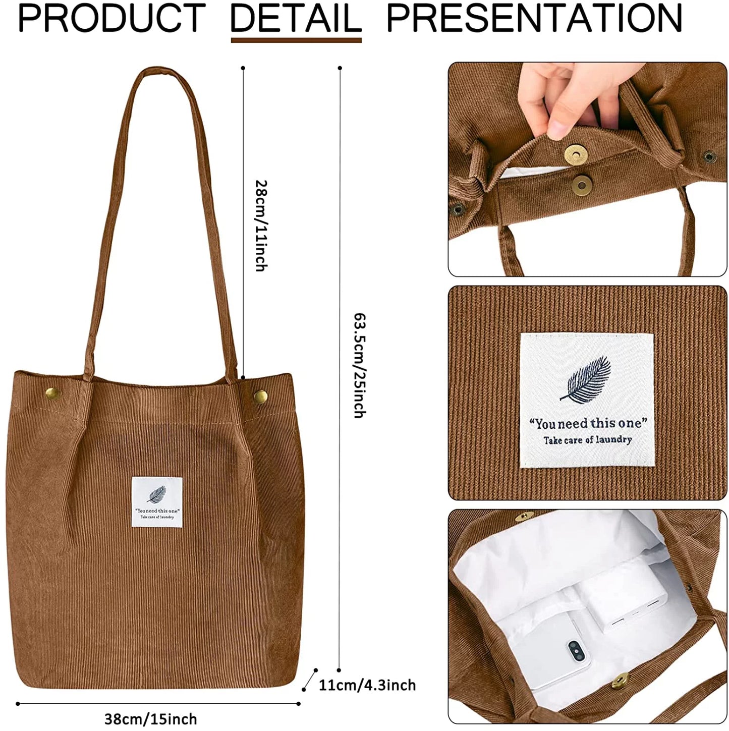 Corduroy Tote Bag Large for Women Girl Lady Canvas Shoulder Cord Purse with Inner Pocket (Brown)