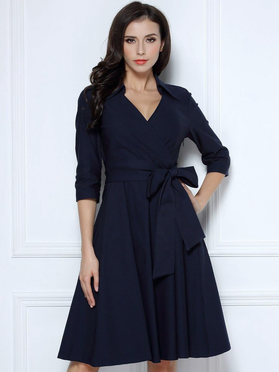 Women'S Deep-V Neck Classical Bow Belt Vintage Casual Swing Dress